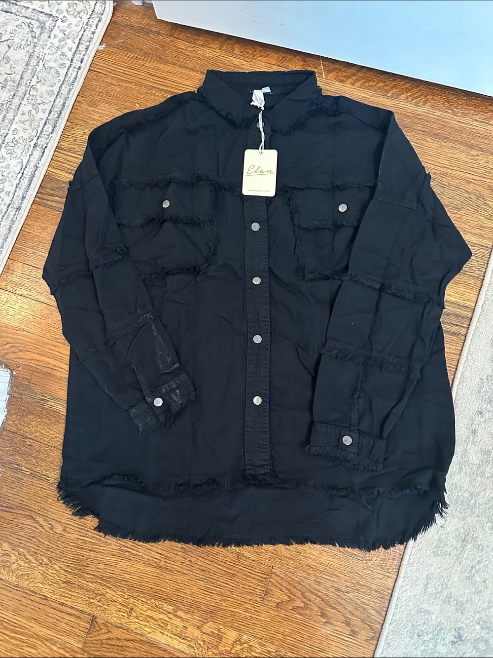 Elan Black Men's Frayed Button-Down Shirt Jacket. Oversized